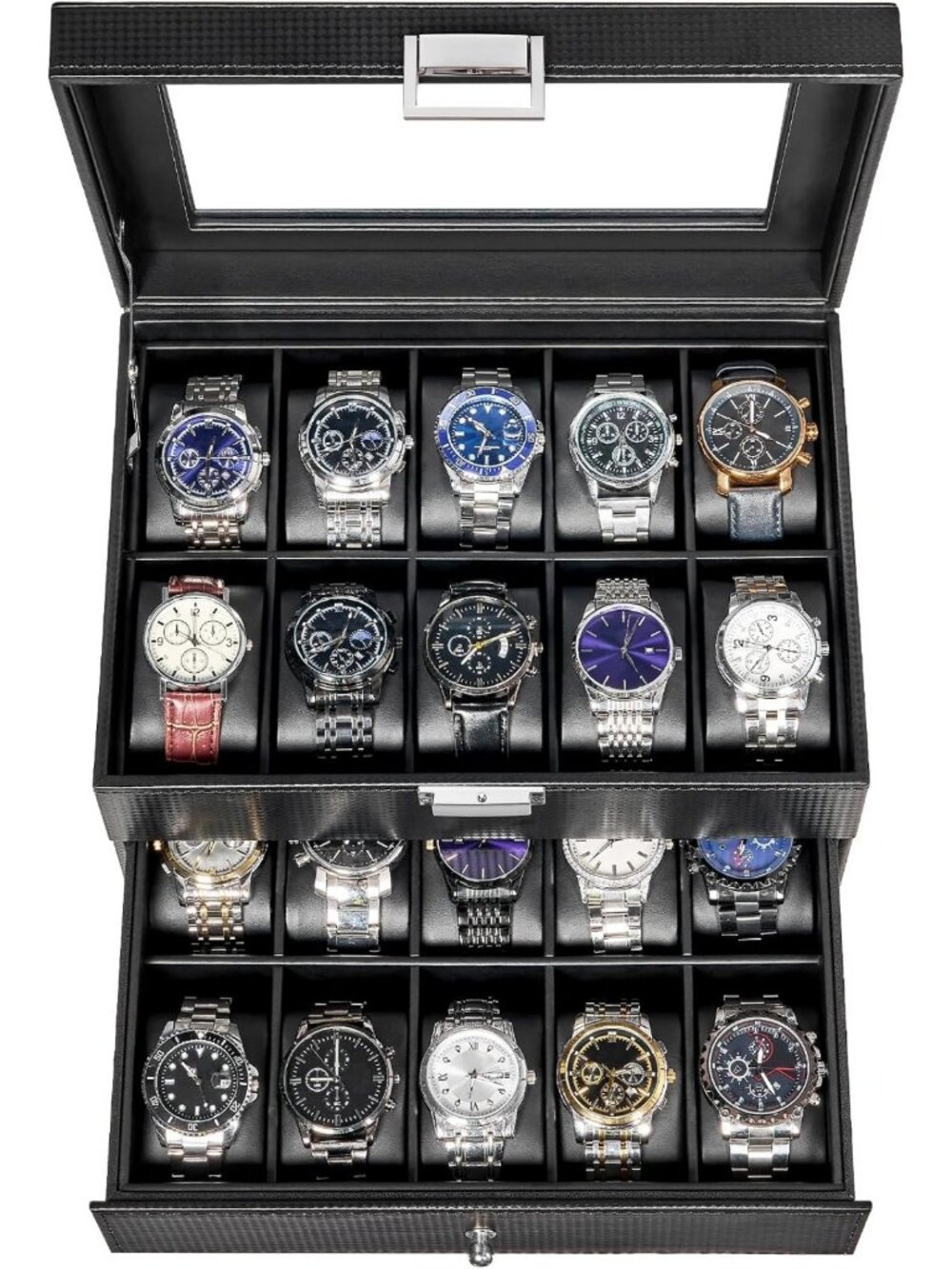 20-Slot Watch Box Organizer with Glass Lid - Stylish Storage for Watches